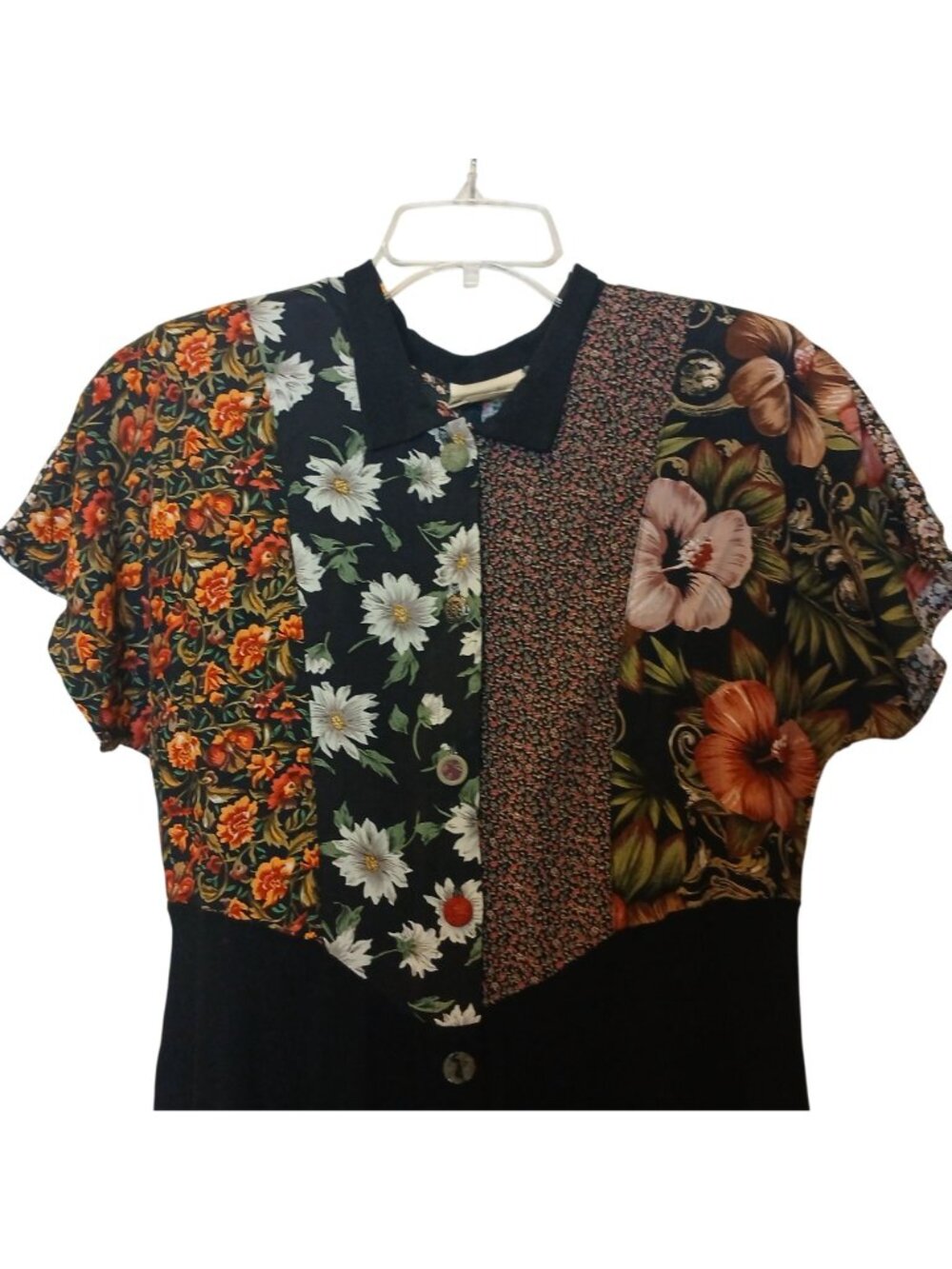 Zoe Patchwork Dress Large Button Maxi Dress Black Multicolor Rayon VTG #L70 - Picture 2 of 12
